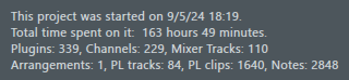 FL Studio's info dialog shows that I worked on the song for 163 hours
