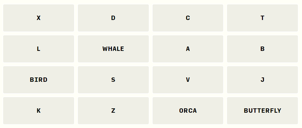 My 'Soup with crackers' Connections puzzle, featuring 12 one-letter clues and 4 animal names